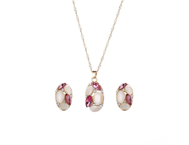 Fashion Women Jewelry Set Oval Opal Drop Pendant Sweater Chain Necklace Earrings Pink