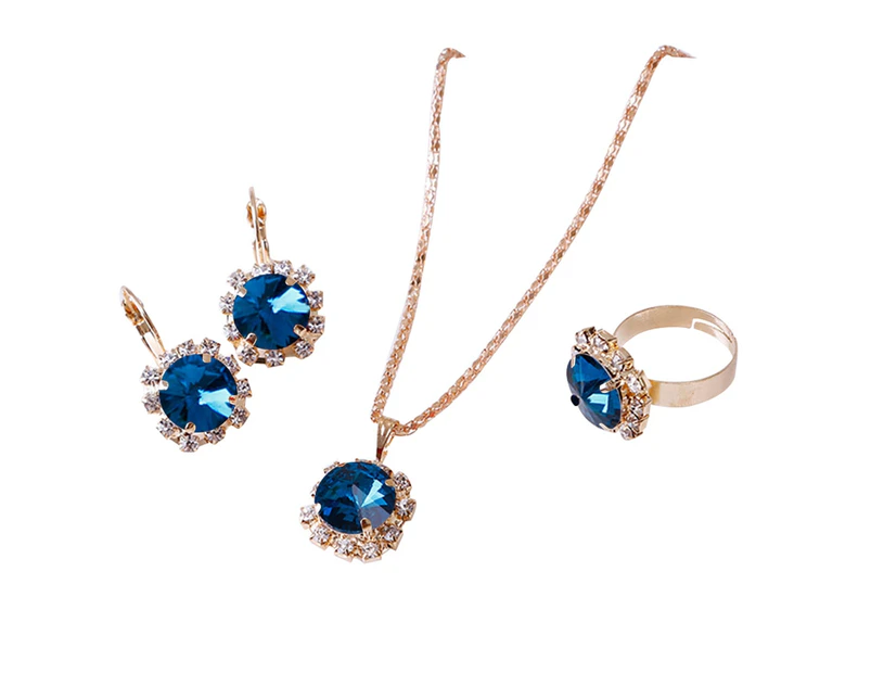 Fashion Women Circle Rhinestone Necklace Earrings Ring Pendants Jewelry Set Lake Blue