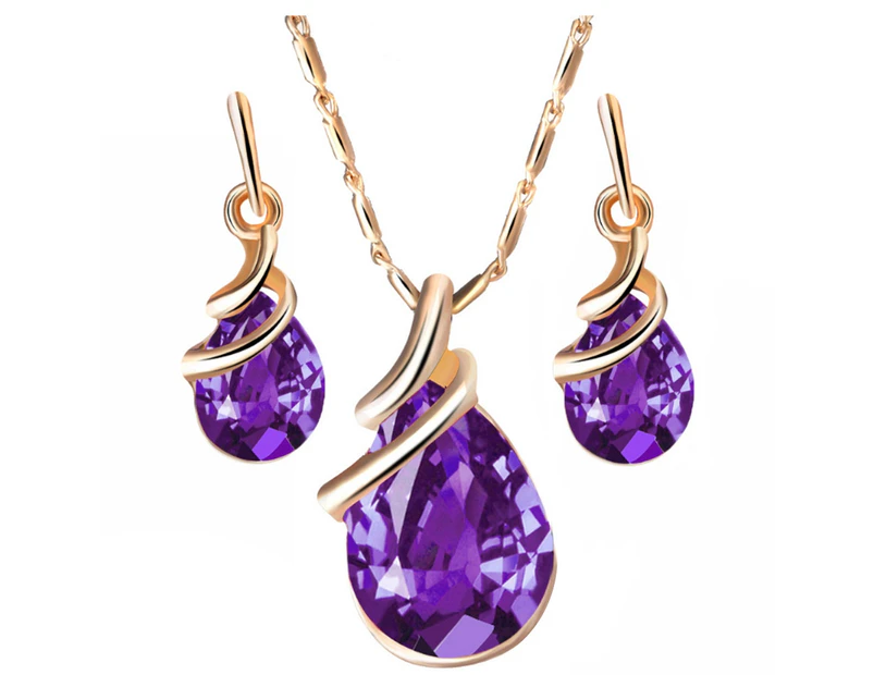Fashion Women Teardrop Rhinestone Pendant Stud Earrings Necklace Jewelry Set Purple