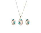 Fashion Women Jewelry Set Oval Opal Drop Pendant Sweater Chain Necklace Earrings Pink