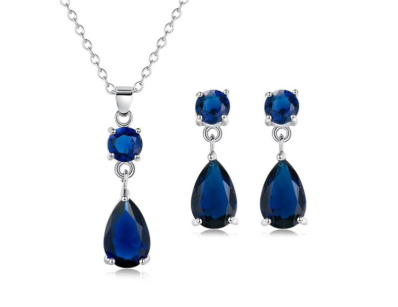 Fashion Round Drop Zircon Pendant Eardrop Earrings Necklace Women Jewelry Set Blue