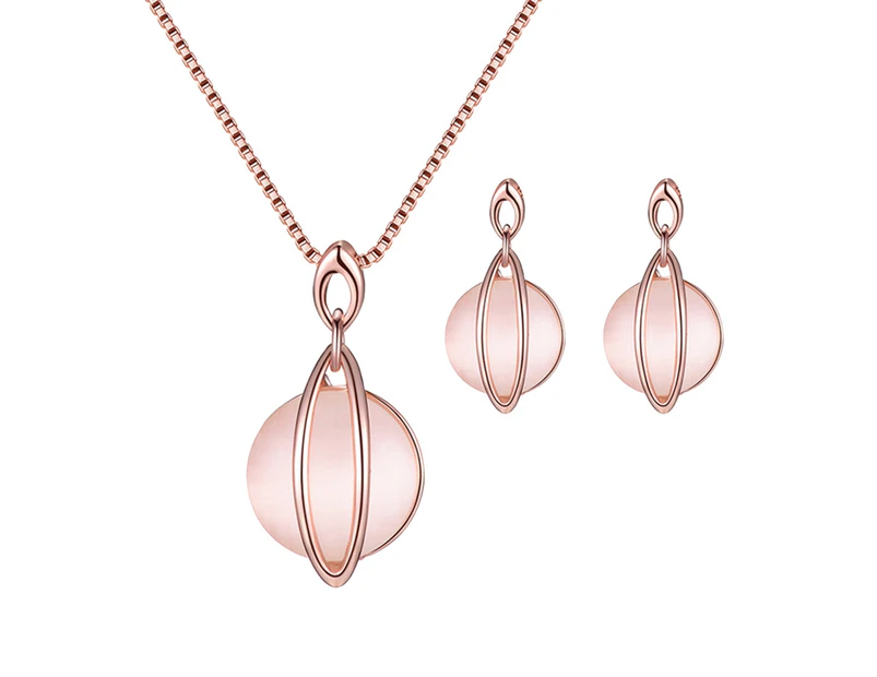 Fashion Women Round Faux Gem Pendant Necklace Earrings Eardrops Jewelry Set Pink