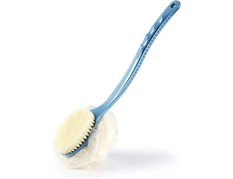 Shower Body Brush With Bristles And Loofah, Back Washing Mesh Bath Sponge With Long Curved Handle For Skin Exfoliating Bath(Blue)