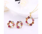 Necklace Colorful Rhinestone Round Women Pendant Necklace Earrings Set for Party Pink
