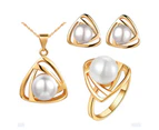 Women\'s Party Jewelry Set Faux Pearl Triangle Pendant Necklace Earrings Ring Golden + White Pearl