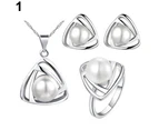 Women\'s Party Jewelry Set Faux Pearl Triangle Pendant Necklace Earrings Ring Silver + White Pearl