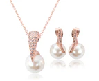 Wedding Jewelry Set Bride Rose Gold Crystal Faux Pearl Pendant Necklace Earrings