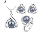Women\'s Party Jewelry Set Faux Pearl Triangle Pendant Necklace Earrings Ring Silver + White Pearl