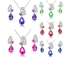 Women's Butterfly Rhinestone Crystal Pendant Necklace Drop Earrings Jewelry Set Red