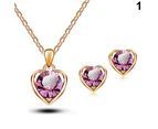 Women's Fashion Jewelry Heart Crystal Pendant Necklace Ear Studs Earrings Set Golden + Green
