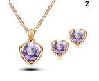 Women's Fashion Jewelry Heart Crystal Pendant Necklace Ear Studs Earrings Set Golden + Green