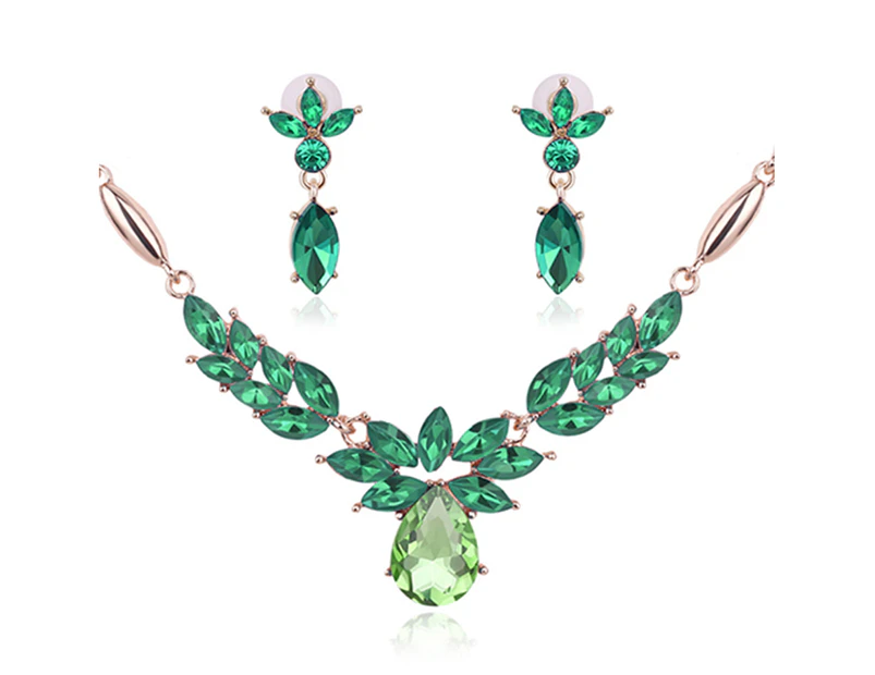Women's Rhinestone Flower Pendant Alloy Necklace Earrings Wedding Jewelry Set Green