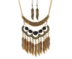 Women Vintage Leaves Tassels Pendant Choker Necklace Hook Earrings Jewelry Set Golden