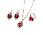 Women Heart Shape Rhinestone Pendant Necklace Lever Back Earrings Ring Jewelry Red