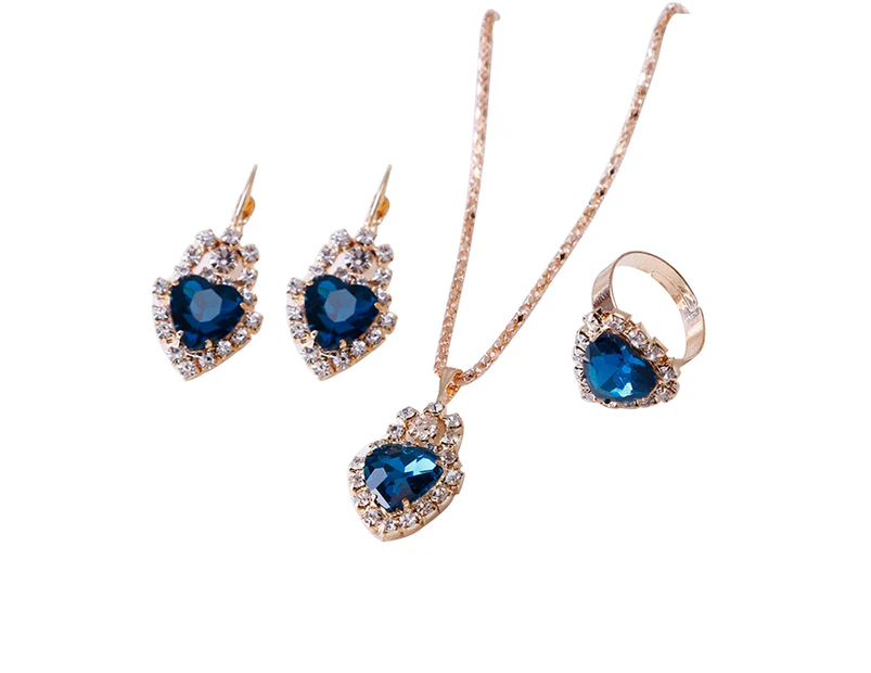 Women Heart Shape Rhinestone Pendant Necklace Lever Back Earrings Ring Jewelry Lake Blue