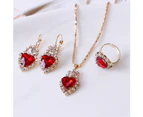Women Heart Shape Rhinestone Pendant Necklace Lever Back Earrings Ring Jewelry Red