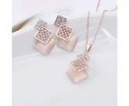 Women Rhinestone Opal Squares Shape Pendant Chain Necklace Earrings Jewelry Set Golden