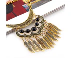 Women Vintage Leaves Tassels Pendant Choker Necklace Hook Earrings Jewelry Set Golden