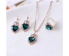 Women Heart Shape Rhinestone Pendant Necklace Lever Back Earrings Ring Jewelry Green