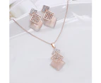 Women Rhinestone Opal Squares Shape Pendant Chain Necklace Earrings Jewelry Set Golden