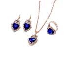Women Heart Shape Rhinestone Pendant Necklace Lever Back Earrings Ring Jewelry Sapphire Blue