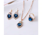 Women Heart Shape Rhinestone Pendant Necklace Lever Back Earrings Ring Jewelry White