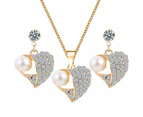 Women Fashion Faux Pearl Rhinestone Stud Earrings Pendant Necklace Set Gift Golden