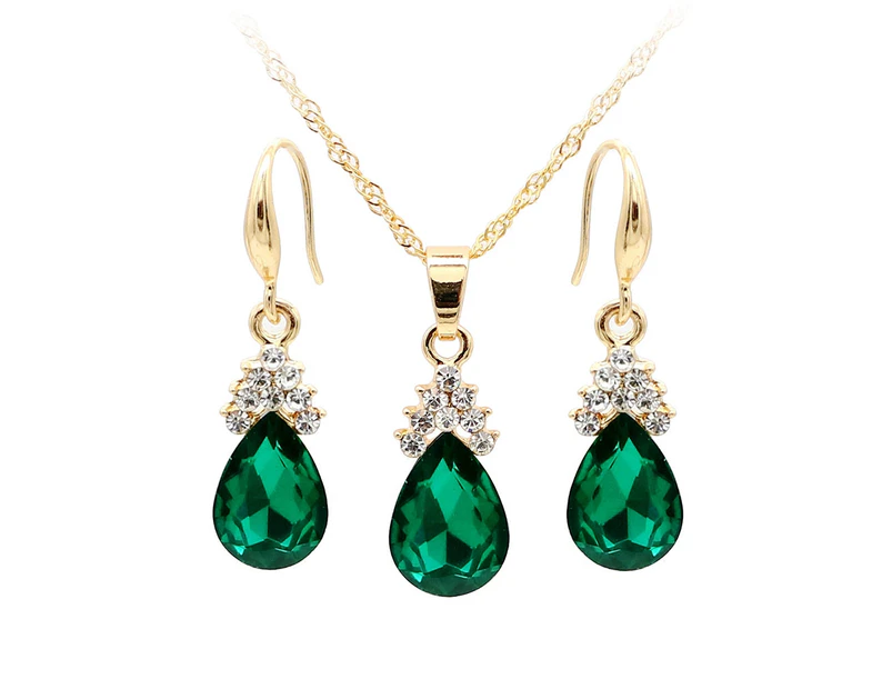 Vintage Teardrop Rhinestone Women Jewelry Set Necklace Hook Earrings Pendants Green