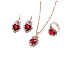 Women Heart Shape Rhinestone Pendant Necklace Lever Back Earrings Ring Jewelry White