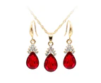Vintage Teardrop Rhinestone Women Jewelry Set Necklace Hook Earrings Pendants Red
