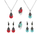 Vintage Leaf Faux Turquoise Pendant Necklace Ring Leaverback Earring Jewelry Set Silver + Blue