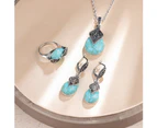 Vintage Leaf Faux Turquoise Pendant Necklace Ring Leaverback Earring Jewelry Set Silver + Blue