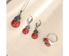 Vintage Leaf Faux Turquoise Pendant Necklace Ring Leaverback Earring Jewelry Set Silver + Red