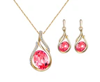 Women Rhinestone Oval Faux Quartz Pendant Ear Stud Earrings Necklace Jewelry Set Red