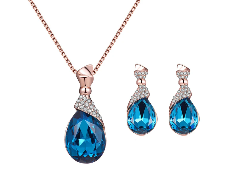 Women Water Drop Shape Rhinestone Pendant Ear Stud Earrings Necklace Jewelry Set Golden