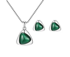 Women Faux Gemstone Triangular Pendant Necklace Ear Stud Earrings Jewelry Set Green
