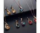 Women Rhinestone Oval Faux Quartz Pendant Ear Stud Earrings Necklace Jewelry Set Red