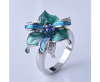 Women Rhinestone Inlaid Enamel Flower Pendant Necklace Earrings Ring Jewelry Green Ring