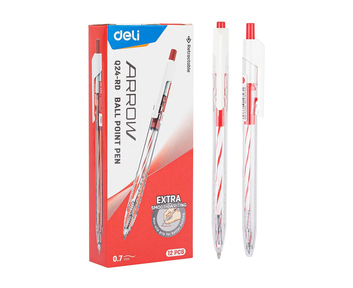 DELI 0.7mm Tip Red Retractable Ballpoint Pens 12 in Pack