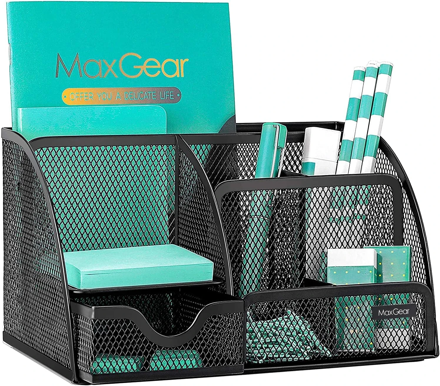 Mesh Desk Organizer Office Desktop Organizer with Drawer, Metal Stationary Organizer Black Desk Caddy, 6 Compartments, 8.7 x 5.5 x 5 inch, 1 Pack