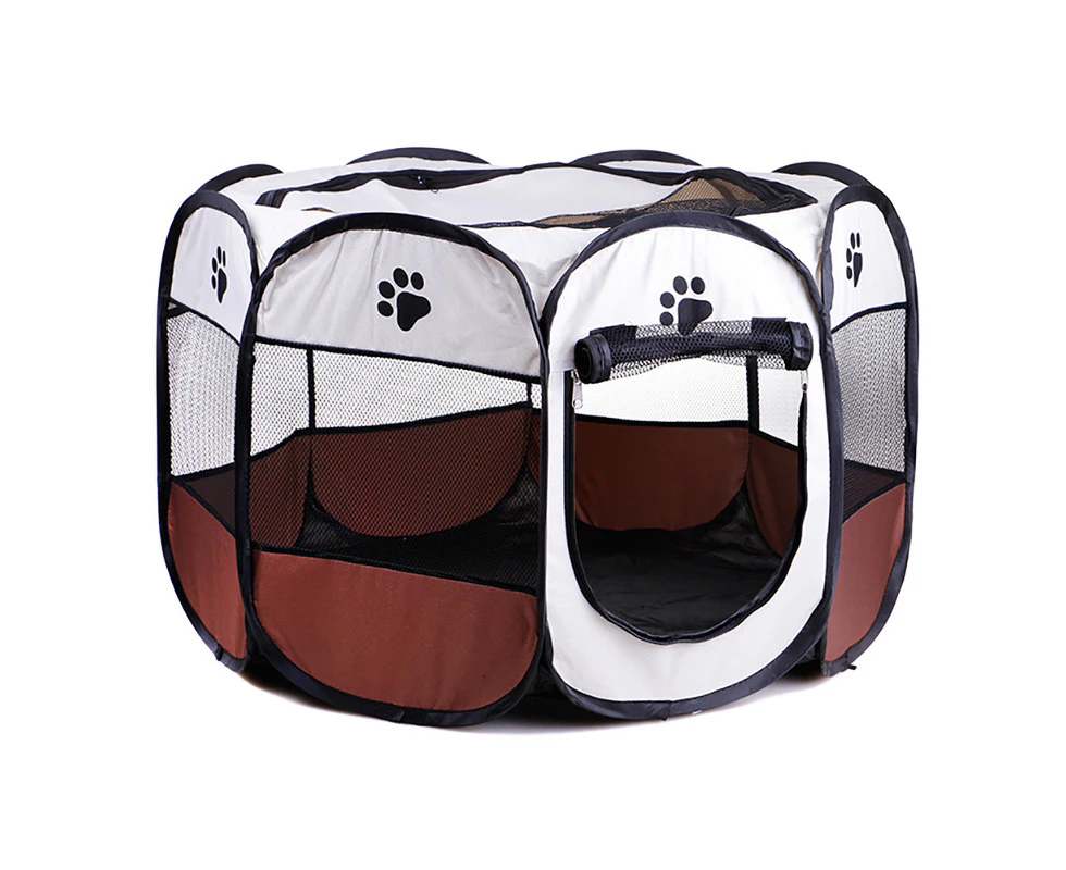 8 Panel Pet Dog Cat Play Pen Bags Kennel Portable Tent Playpen Puppy M Brown