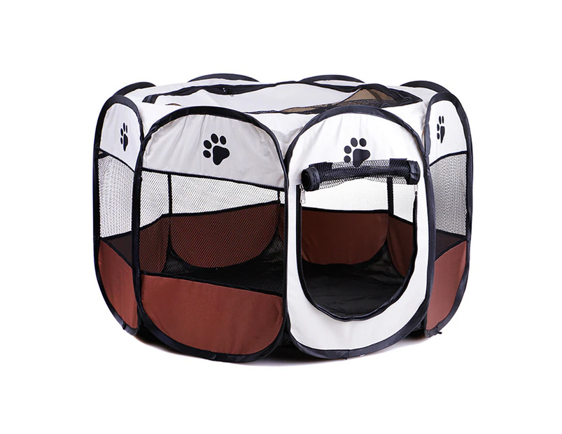 8 Panel Pet Dog Cat Play Pen Bags Kennel Portable Tent Playpen Puppy M Brown