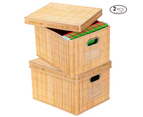 Costway 2x Bamboo Storage Boxes Folding Picnic Baskets Large Organizer Hamper w/Removable Lids & Metal Handles