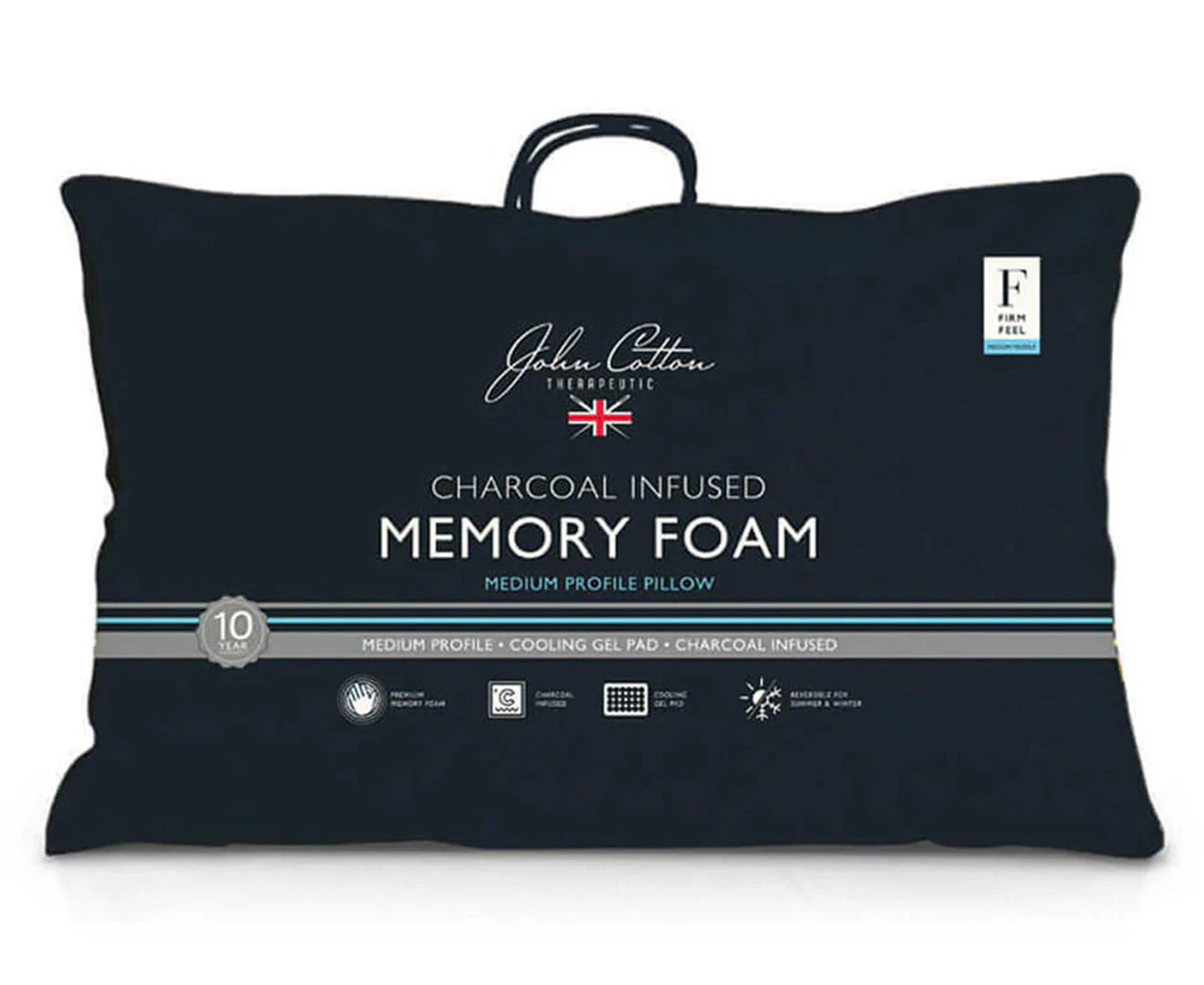 John Cotton 67x39cm Charcoal Infused Firm Memory Foam Pillow w/ Cooling Gel Pad