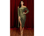 Azura Exchange Green Off Shoulder Ruched Thigh High Slit Sequin Dress