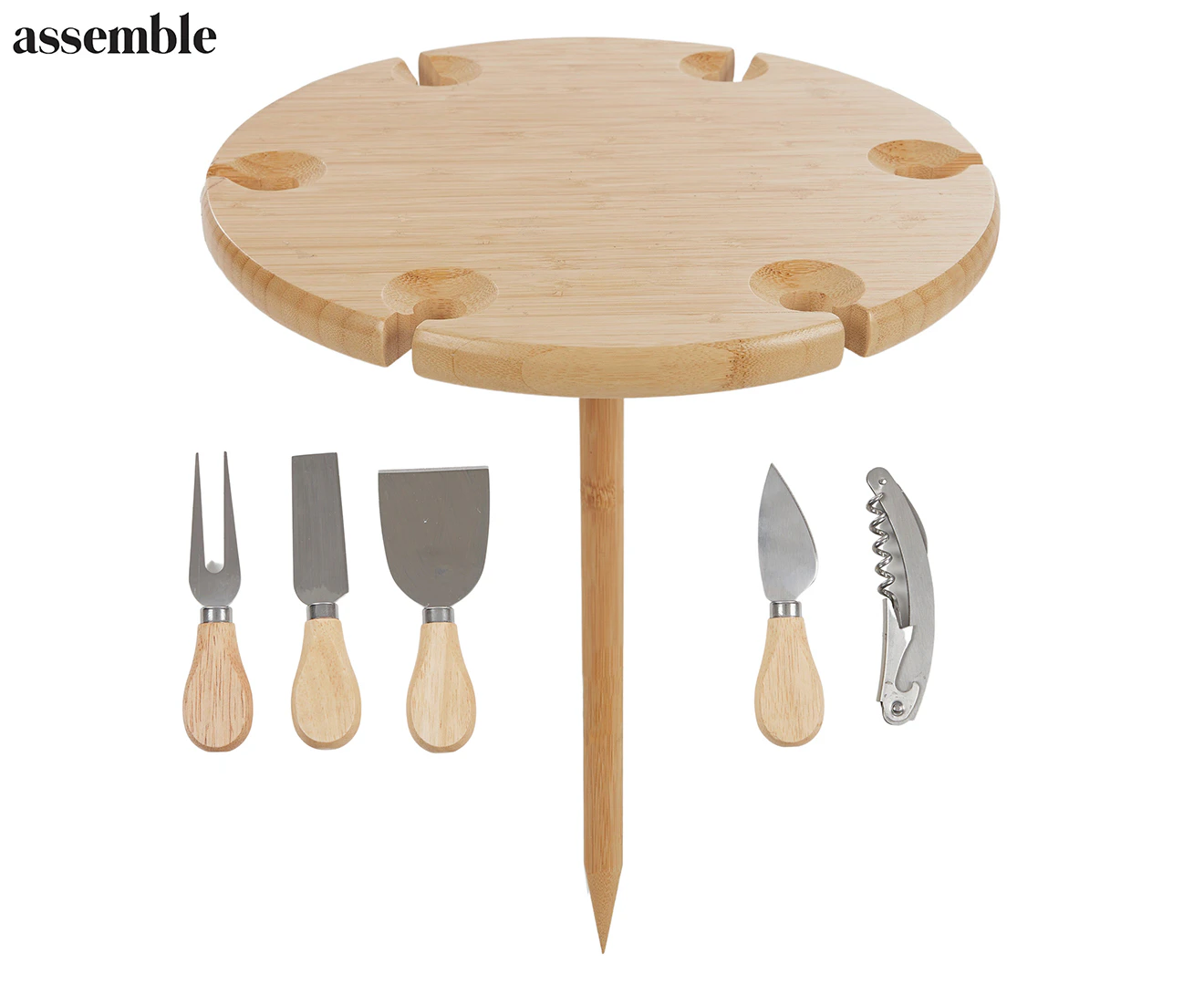 Assemble 6-Piece Beau Bamboo Round Picnic Board w/ Knives Set - Natural