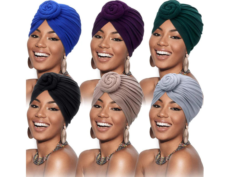 6 Pieces Women African Turban Flower Knots Pre Tied Bonnet Beanie Hat Head Wrap
