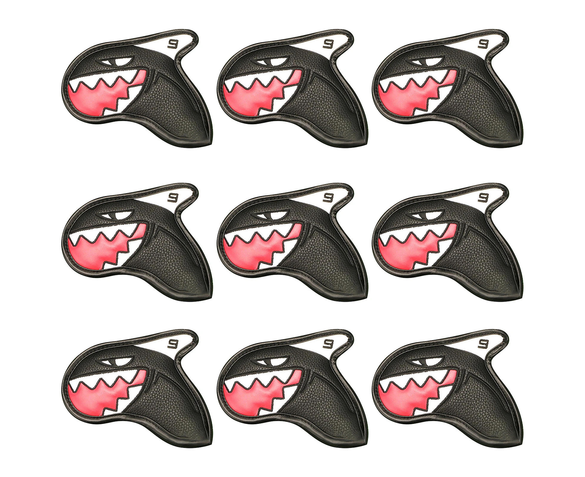 9Pcs Lightweight Waterproof Faux Leather Golf Club Covers Shark Shape Golf Iron Head Covers Golf Accessories -Black