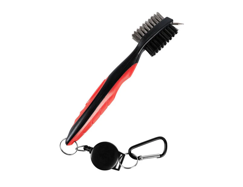 Portable Double Side Golf Club Cleaning Brush with Retractable Line Carabiner-Red