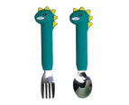 Fork and Spoon Cartoon Set, One Pair Baby Stainless Children Safe Utensil Set No BPA Spoons Flatware For Kids and Toddler - Long Green